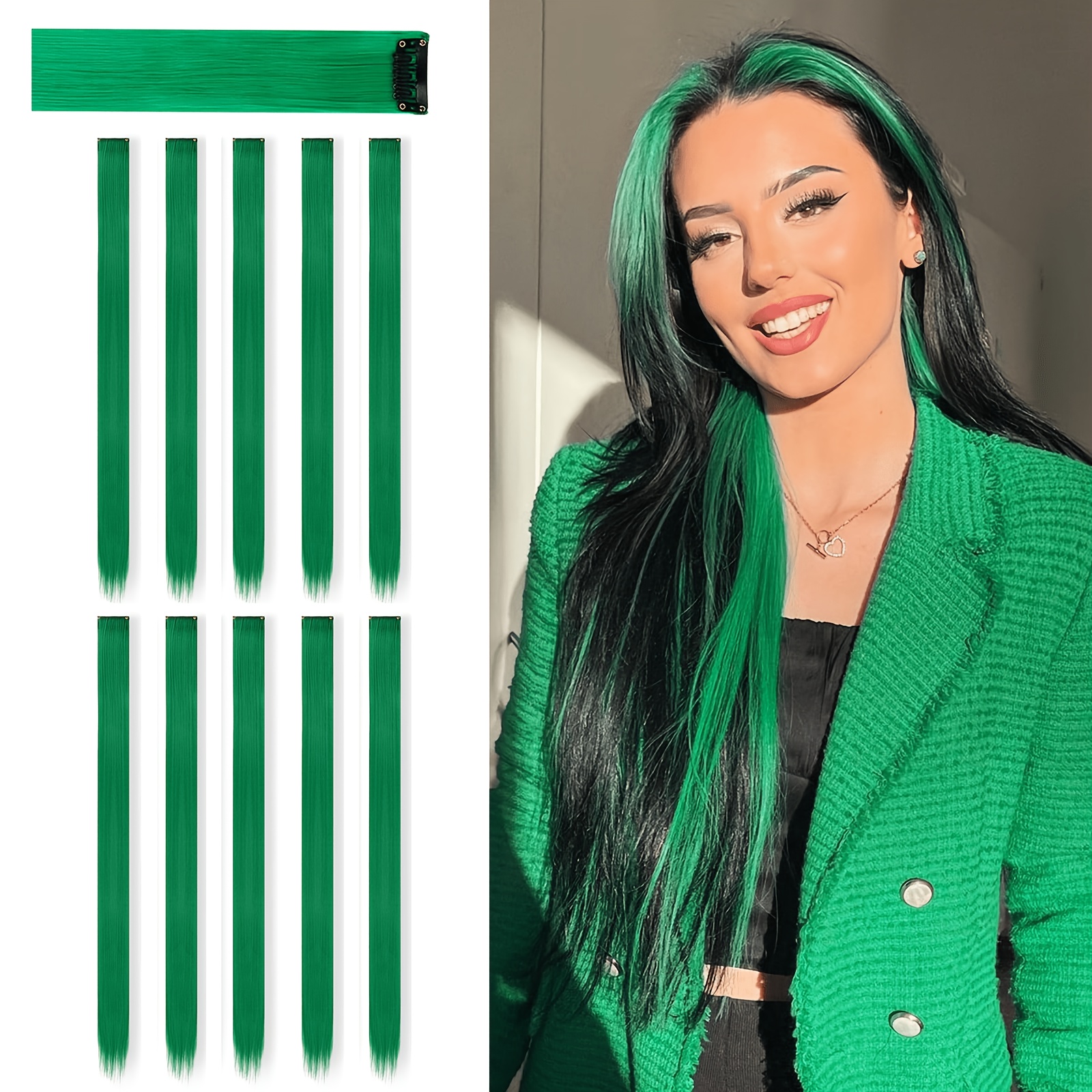 TEMU 10pcs Green Hair Extensions | 24" Clip-in Hair Extension | Colorful Straight Long Hair Extensions Clip-in Hair Synthetic Straight Hair Piece
