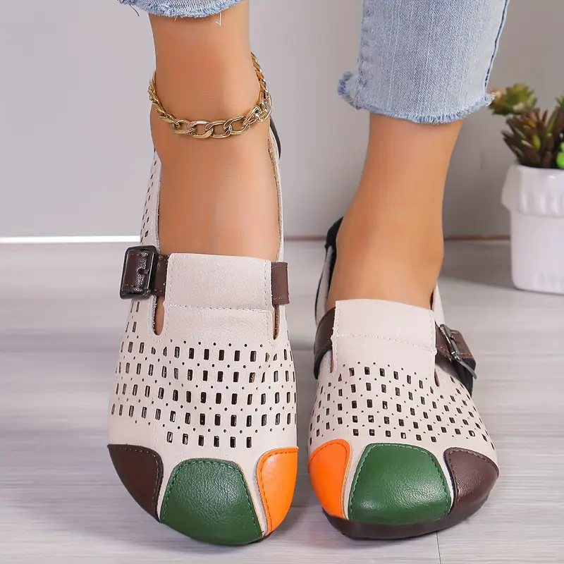 womens colorblock flat shoes casual hollow out design slip on shoes comfortable strap design shoes details 5
