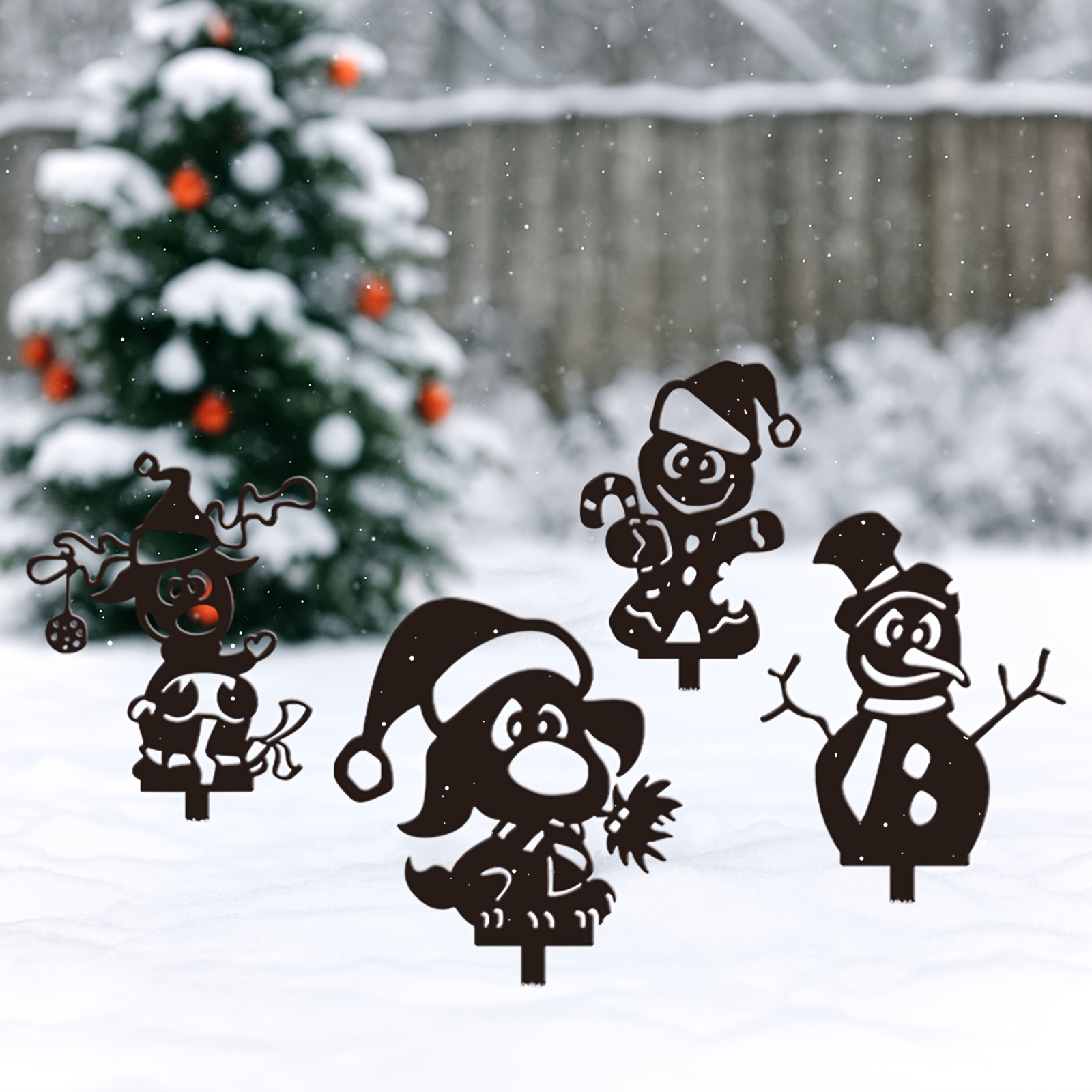 Image of 4pcs Set Christmas Garden Decor Stakes – Wrought Art Ornaments, Snowman, Deer, And Puppy Designs, Outdoor Snow Scene Lawn Stakes, Adorable Christmas Gift