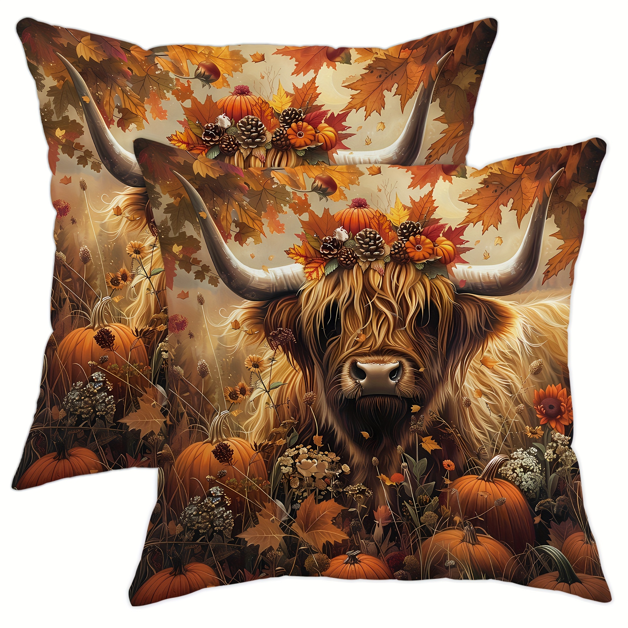 

2-piece Velvet Fall Thanksgiving Throw Pillow Covers - Highland Cow & Pumpkin Floral Design, Farmhouse Vintage Decor, 18x18 Inches, Zip Closure For Living Room & Bedroom Sofa