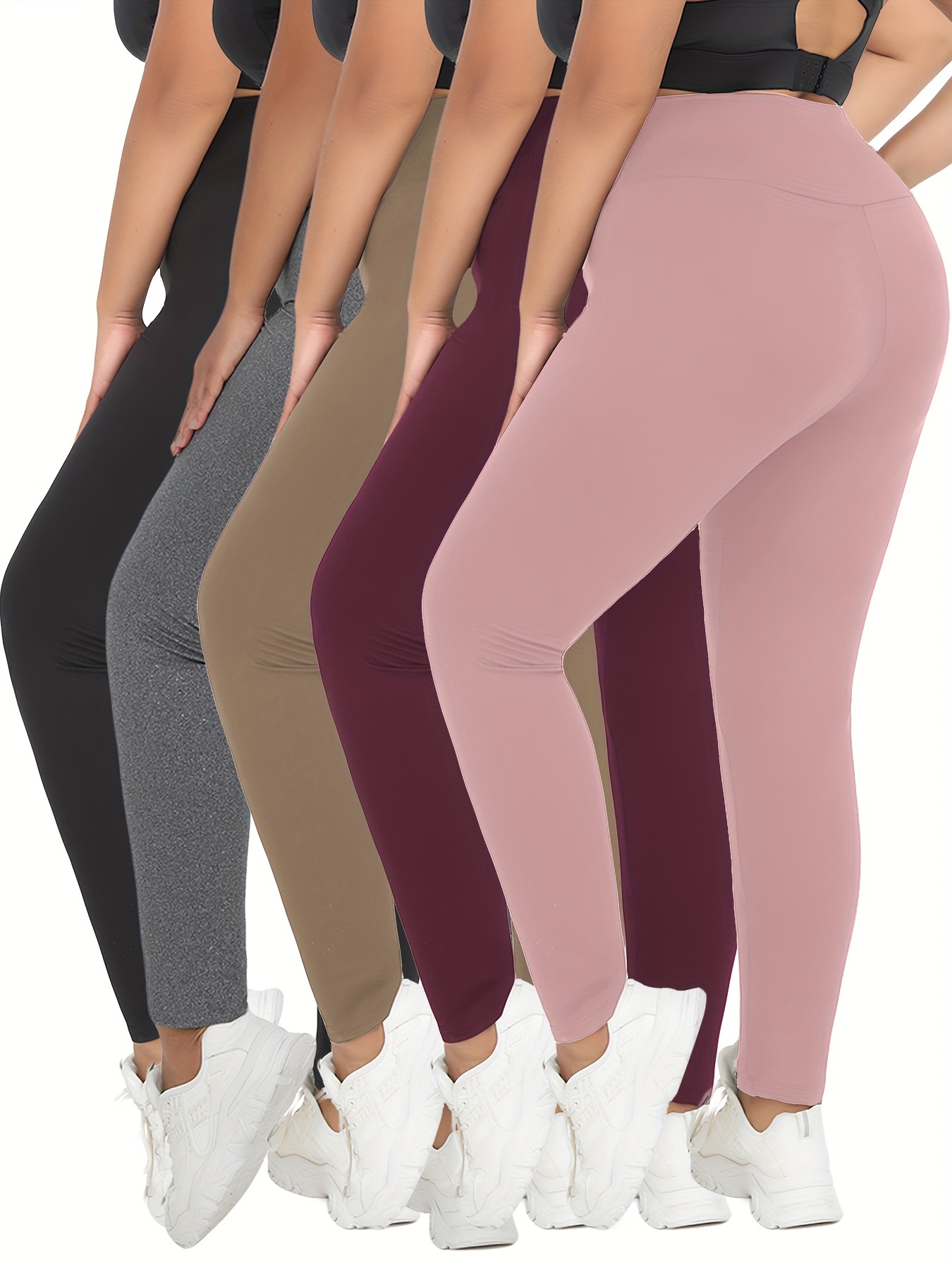 Plus Size 5pcs/Pack Women's High-Waist Pocket Yoga Pants, Soft And