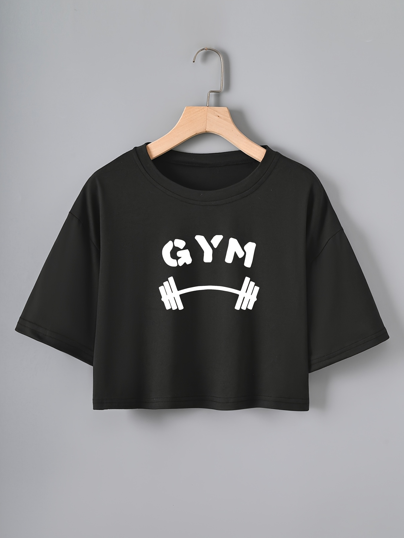 Women's Gym Graphic Print Loose Fit Cropped T-Shirt Breathable  Moisture-Wicking Workout Top with Round Neck for Running, Yoga Summer C