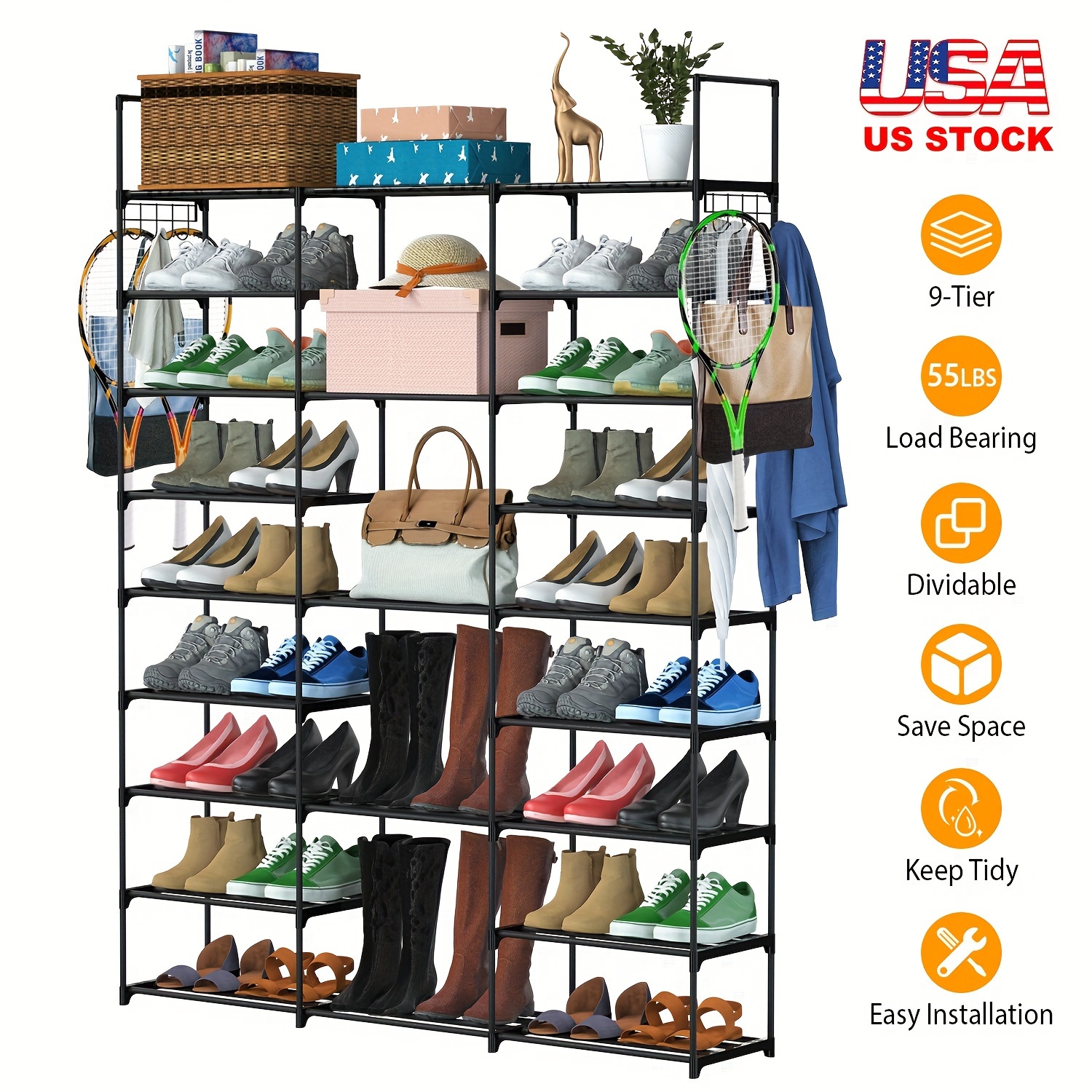 

9 Tiers Shoe Rack Metal Shoe Storage Shelf Free Standing Large Shoe Stand 50-55 Pairs Shoe Tower Unit Tall Shoe Organizer With 2 Hooks For Entryway