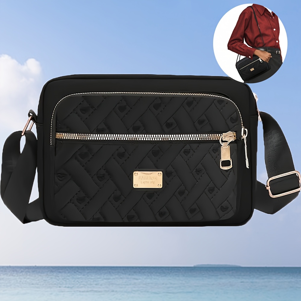 

Embroidered Heart Pattern Canvas Shoulder Bag, Pocket, Zipper Closure, Casual Crossbody Work Bag With Canvas Lining For Women