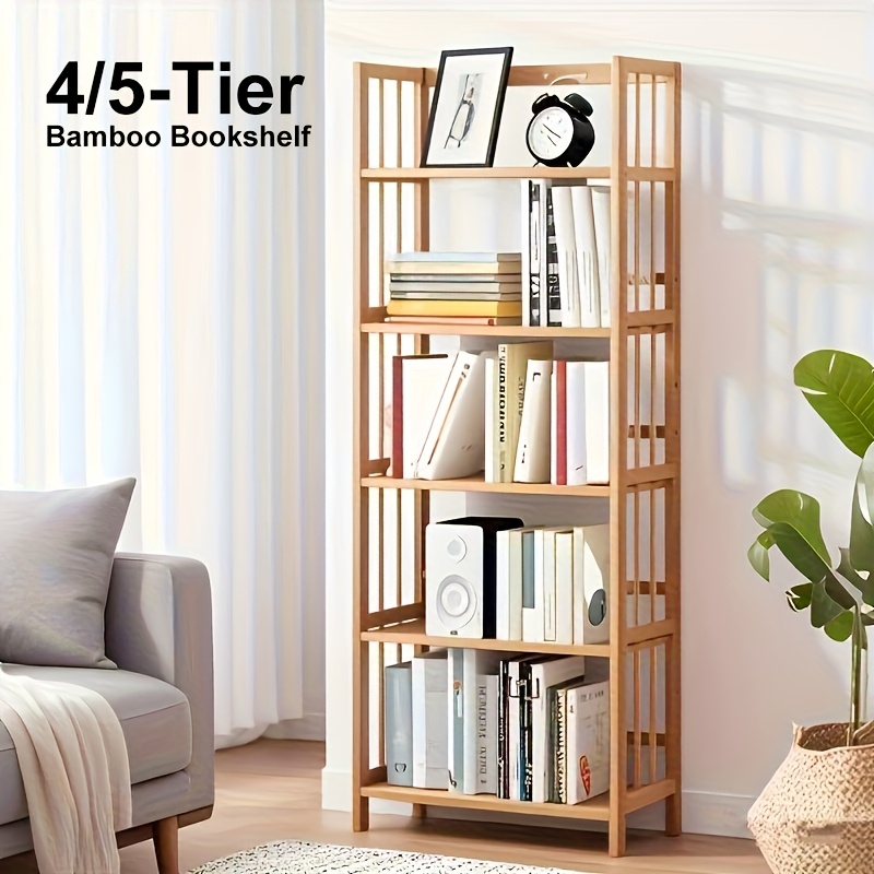 TEMU Bamboo Bookshelf With Adjustable Shelves, Narrow 4 Or 5 Tier Wooden Bookcase, Natural Storage Shelf Organizer For Small Spaces, Bedroom, Living Room, Home Office, Standing Shelf