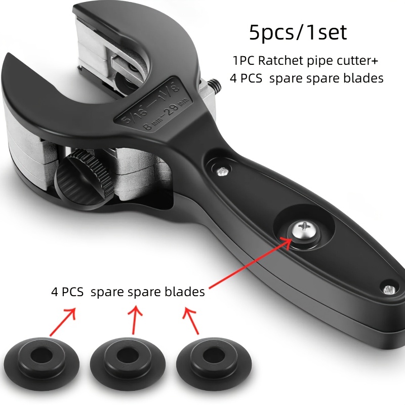 E-shop 5-teiliges Set, 1 Ratschenschneidewerkzeug für Rohre 8-29mm + 4 Klingen, , Hochleistungs-Ratschenschneidewerkzeug - Schneidebereich von 1/4" bis