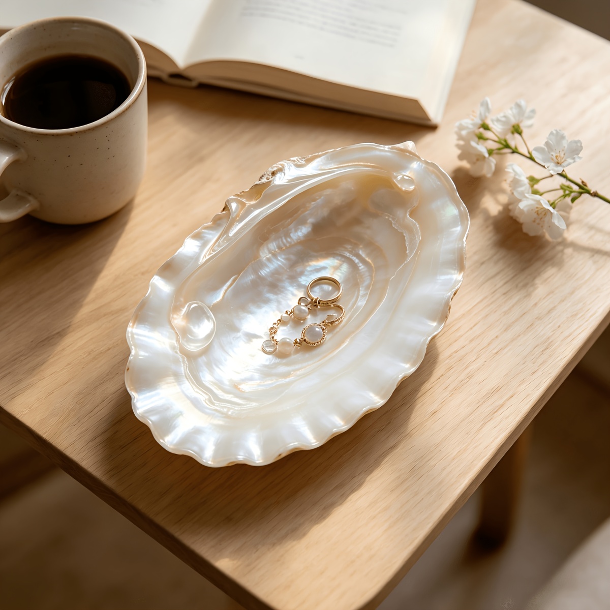 TEMU Plat décoratif naturel en mère de perle, bol décoratif, ornement de de luxe français clair, plat de placement de bougie parfumée de bureau, plat
