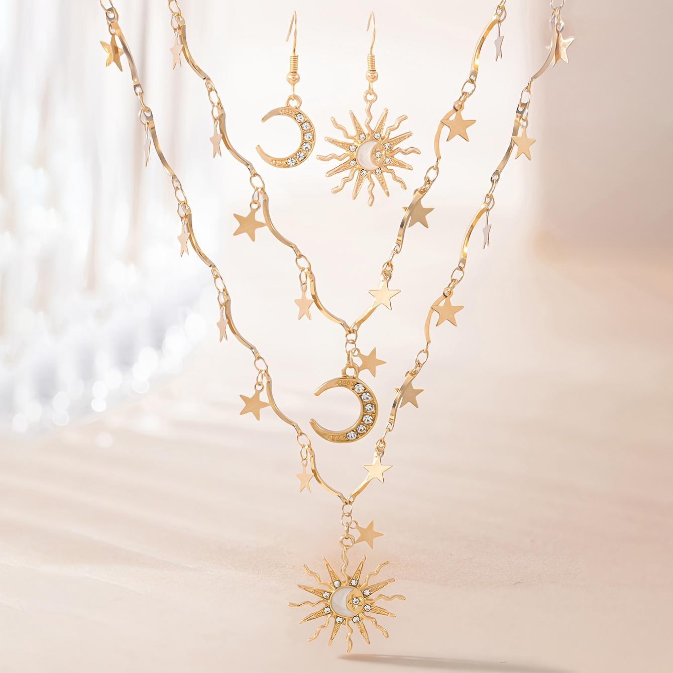 4pcs fashion asymmetrical moon sun pendant earrings necklace - Temu
