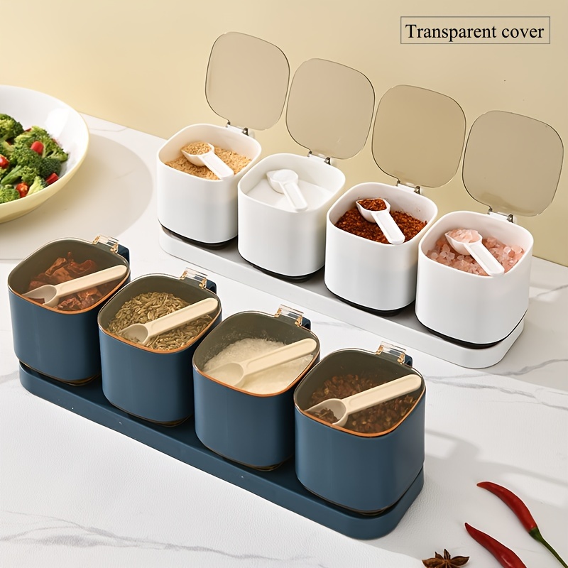 2 3 4pcs set seasoning pot set kitchen spice pot seasoning containers creative monosodium   pot salt and pepper jar with tray pepper containers seasoning storage with lid food storage box with spoon kitchen stuff kitchen accessories Product details 5