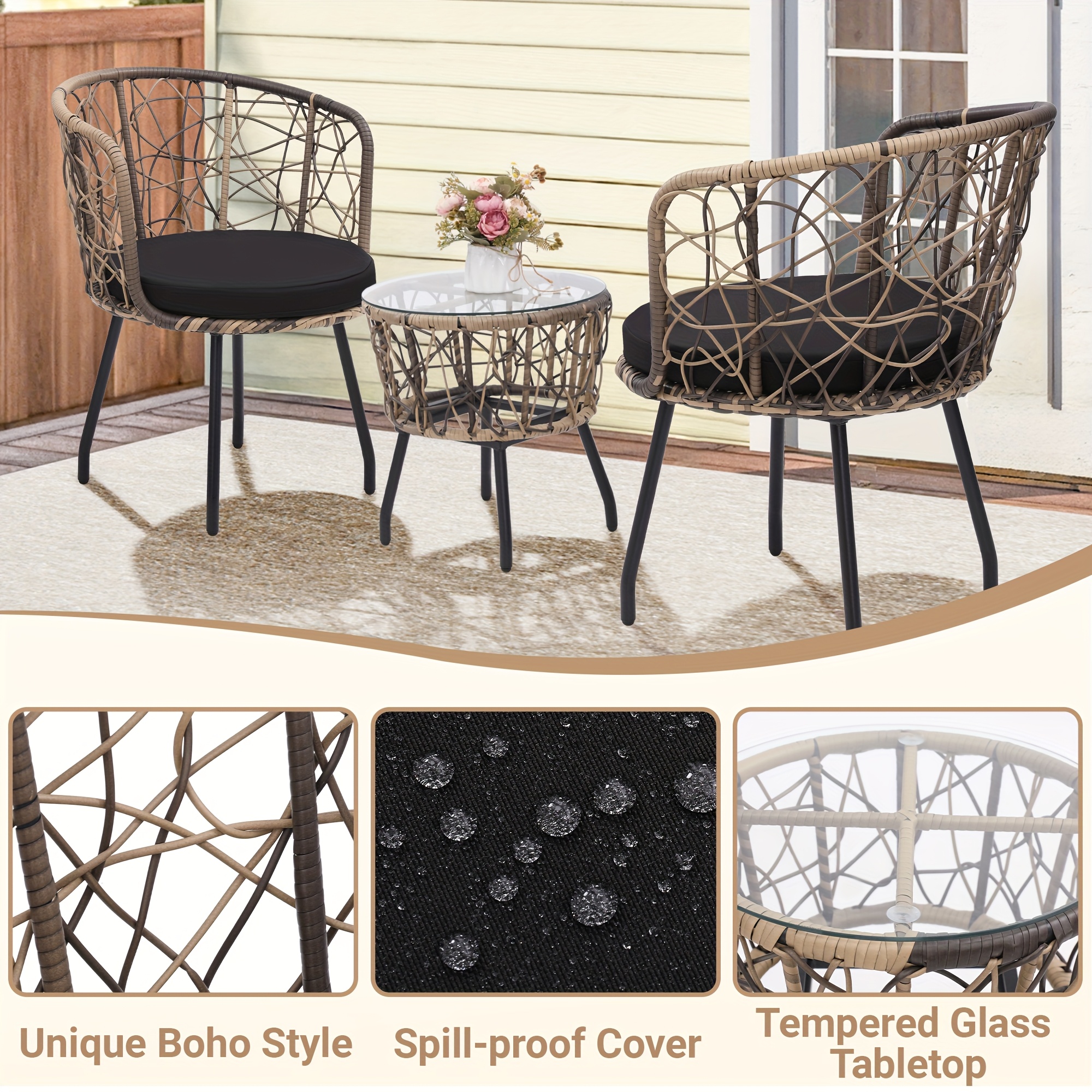 3pcs Bistro Set, Modern Furniture with Tempered Glass Table Top, 2 Chairs, Outdoor Wicker Patio Set, Washable Cushions,