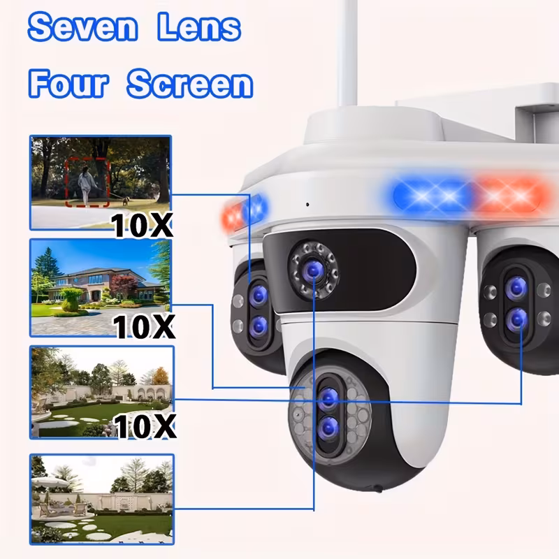 caméra de sécurité extérieure intelligente wifi 7 objectifs 4 écrans avec zoom 10x ptz, détection ai, alertes de lumière rouge/bleue, surveillance 24/7, vision couleur h.265+ full, automatique, carte sd et stockage cloud, application multi- , 110v/220v, audio bidirectionnel, montage au plafond, résolution 5mp, prise européenne, caméras de sécurité , surveillance, sécurité moderne, enregistrement haute résolution Détails du produit 1