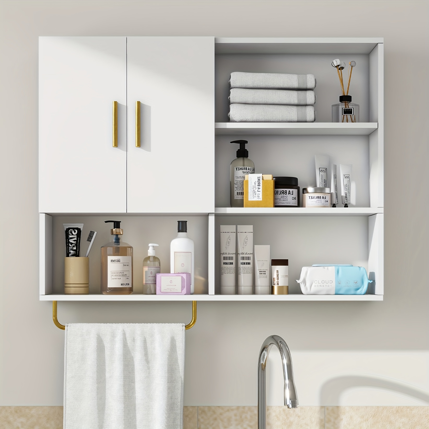TEMU Bathroom Wall Cabinet Solid Wood Large Wall Mounted Medicine Cabinet With 2 Doors And 4 Open Shelves Over Toilet Storage Cabinet With Towel Bar, Bathroom Organizers And Storage