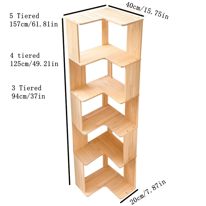 Full Solid Wood Corner Bookshelf, No Paint No Formaldehyde, Space-Saving Storage Shelf, 3/4/5 Tier Rustic Corner Bookcase, Stable Standing Bookcase for Bedroom Living Room Home Decor, Easy Assembly