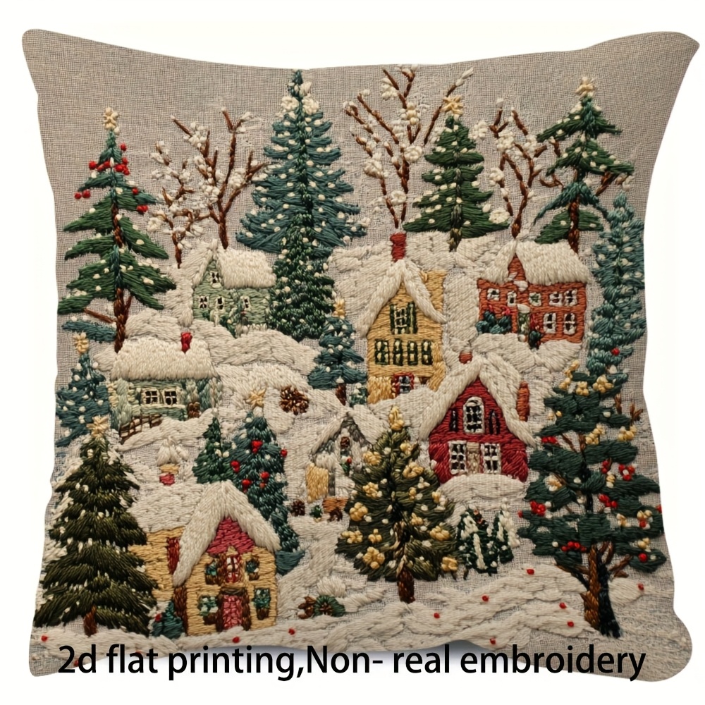 TEMU 2d Flat - 1pc, 2d Flat Print, Short Plush Decorative Pillowcase, Christmas Landscape Pillow Covers, Double-sided Print, Non-real Embroidery, 18