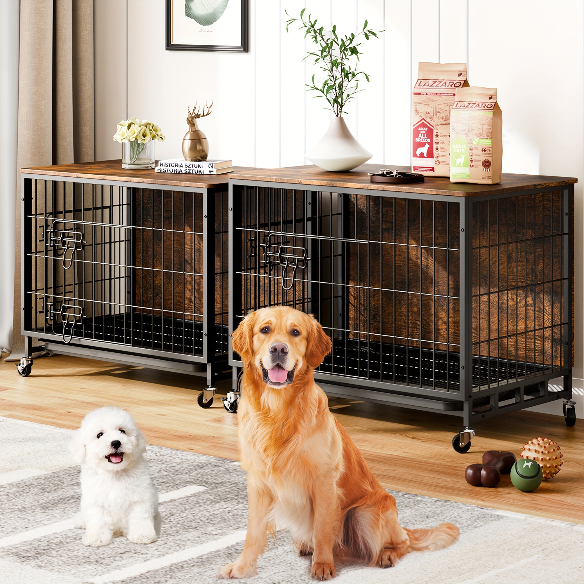 

Dog Crate Furniture, 38.6" Dog Kennel With Removable Tray And Wheels, Heavy-duty Double-doors Dog Cage, Indoor Dog House For Large Dogs, Rustic Brown