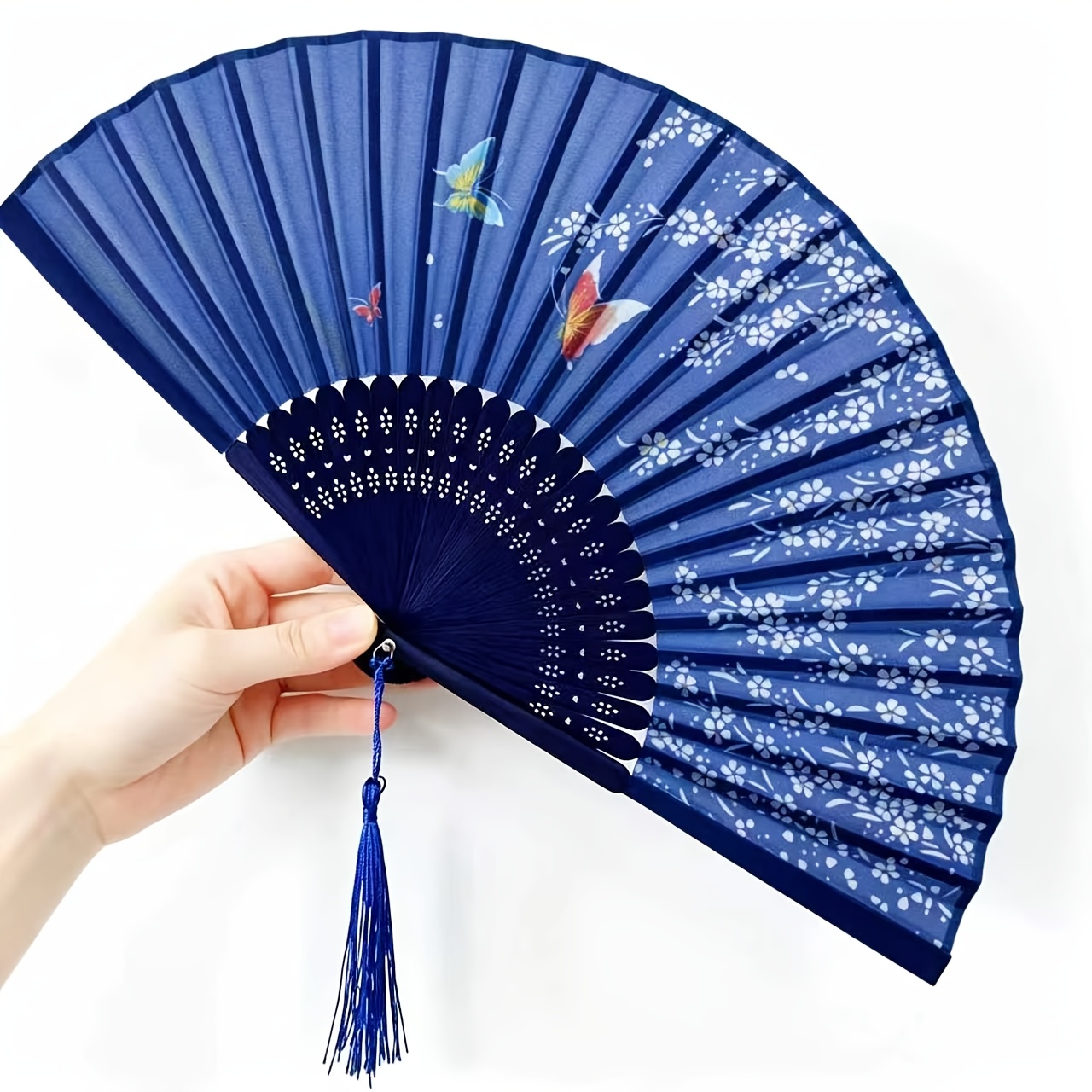Image of Elegant Vintage Bamboo Folding Fan With Tassels - Compact Handheld Summer Fan For Weddings, Parties, And Gifts, Black And With Floral Accents, Party Accessory | Decorative Fan | Lightweight Fan
