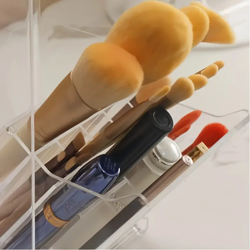 clear makeup brush organizer with lid transparent cosmetic storage box vanity organizer with dustproof cover bathroom countertop organizer for professional or home use space saving makeup display case makeup vanity desk durable plastic material Product details 6