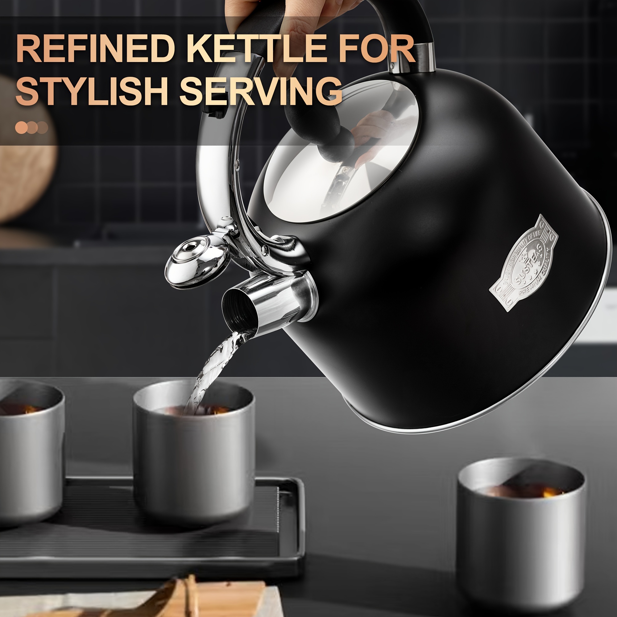 

Susteas Tea Kettle - 3.17qt Whistling Kettle With Ergonomic Handle - Premium Stainless Steel Tea Pots For Stove Top, Chic Vintage Teapot With Composite Base, Work For All Stovetops (black)