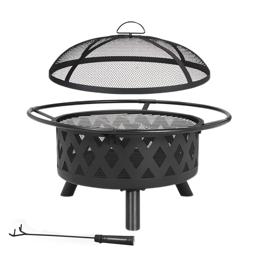 TEMU Fire Pit, 76cm Fire Basket With Spark Screen And , Large Fire Bowls For The Garden, Multifunctional Outdoor Fire , Look Fire Pit, Outdoor