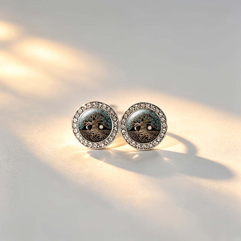 Classic White Glass Stud Earrings, Nature Cycle Symbol