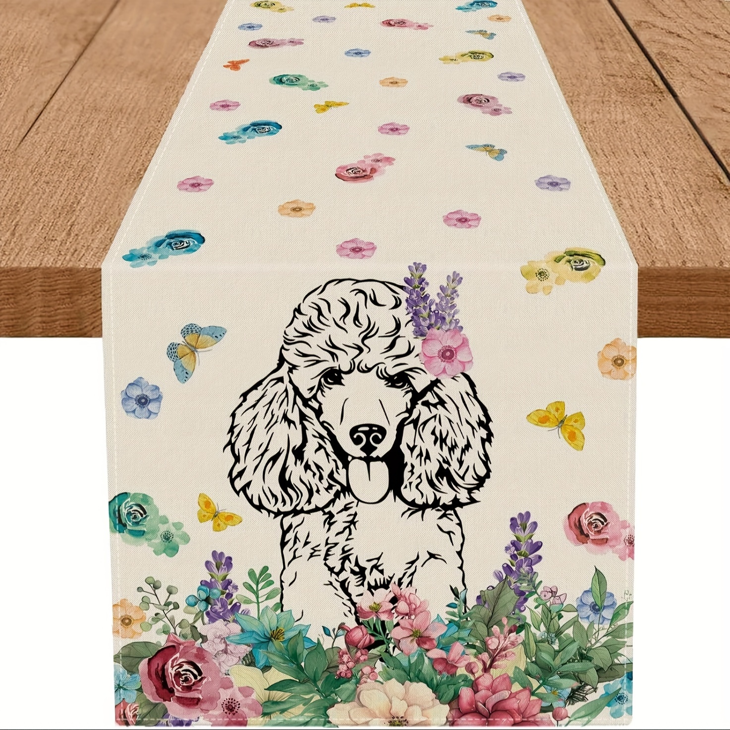 

1pc Spring Table Runner Poodle Dog Floral Table Runners Seasonal Table Decoration Indoor Outdoor Home Decor Party Supply