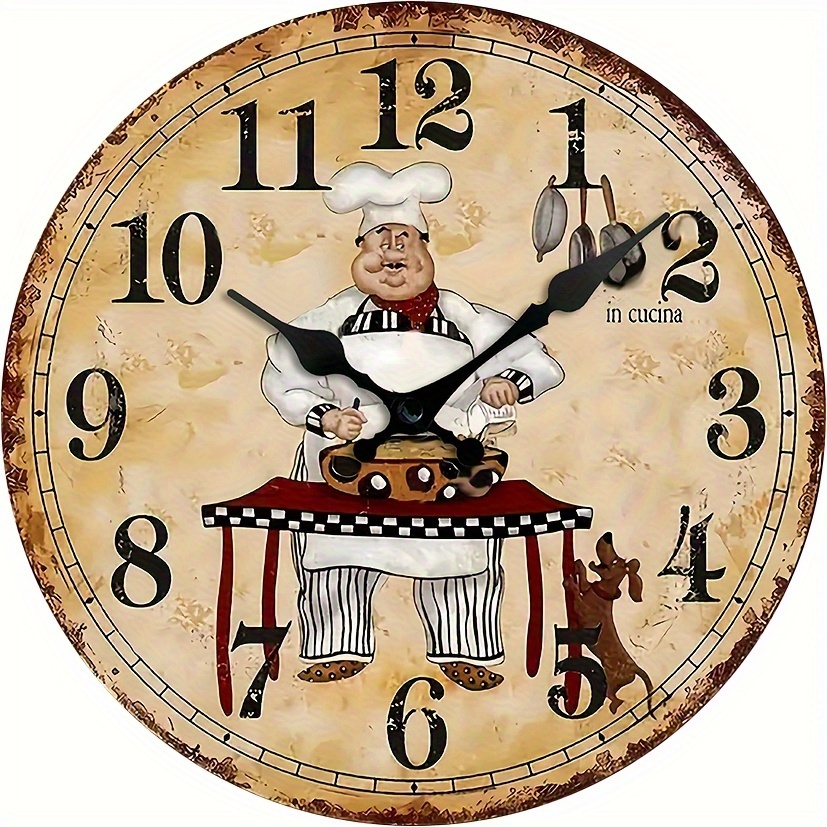 TEMU Chef's : Silent Wooden Wall Clock For Kitchen Decor - Battery Operated, Round Shape, No Ticking Sound (aa Battery Not Included)