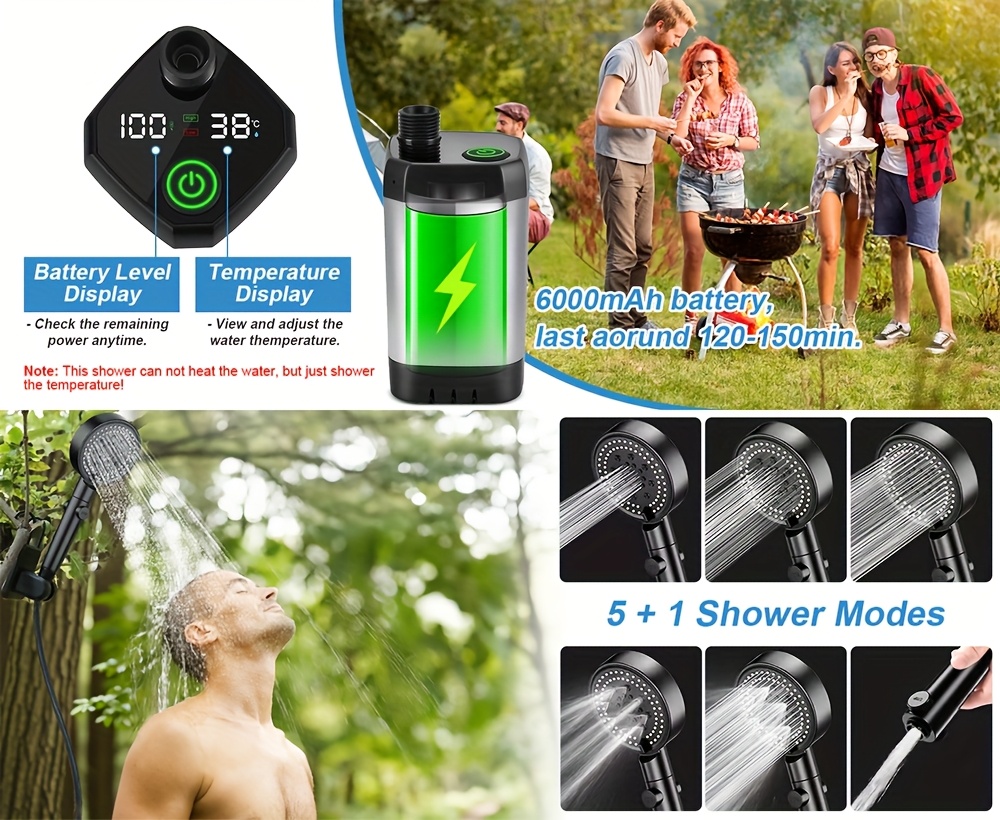 Portable Shower with Smart Digital Display, 6000Mah USB Rechargeable Battery, 6 Spray Modes, Lightweight Camping Shower, Ideal for Outdoor Activities, Hiking, Camping, Pet Cleaning, Car Washing, Beach Use