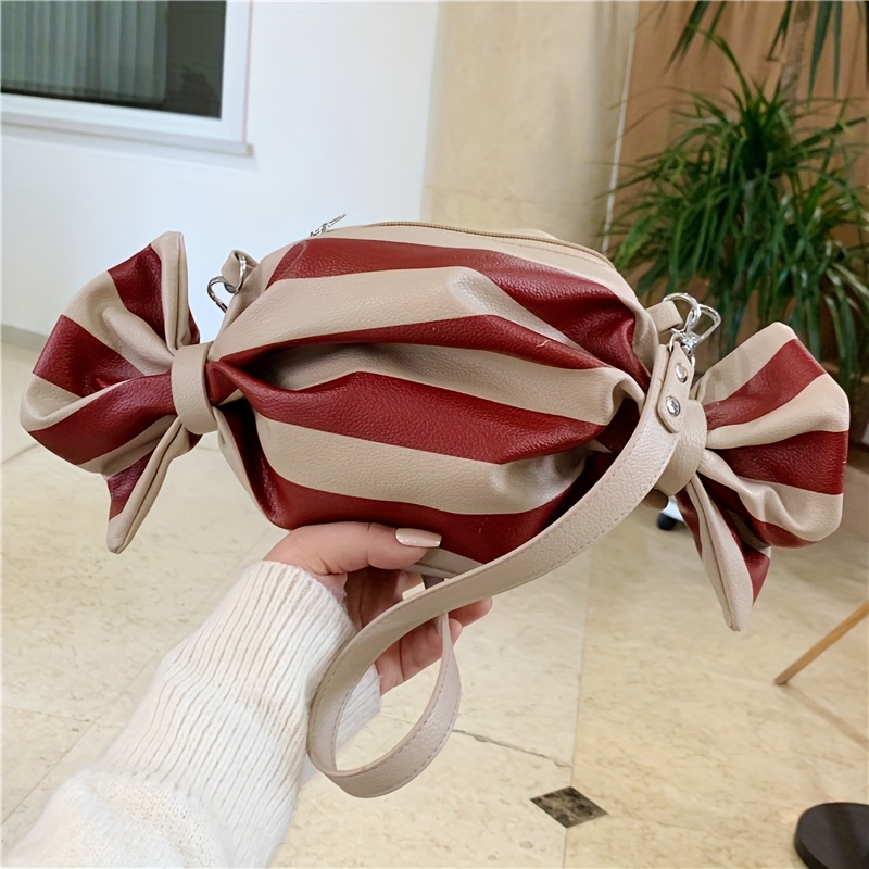 Image of Striped Candy-shaped Double Bow Crossbody Bag, Adjustable Thin Shoulder Strap, Creative Mini Shoulder Bag, Cute Zippered Travel Bag For, Perfect For Shopping Or Dates.