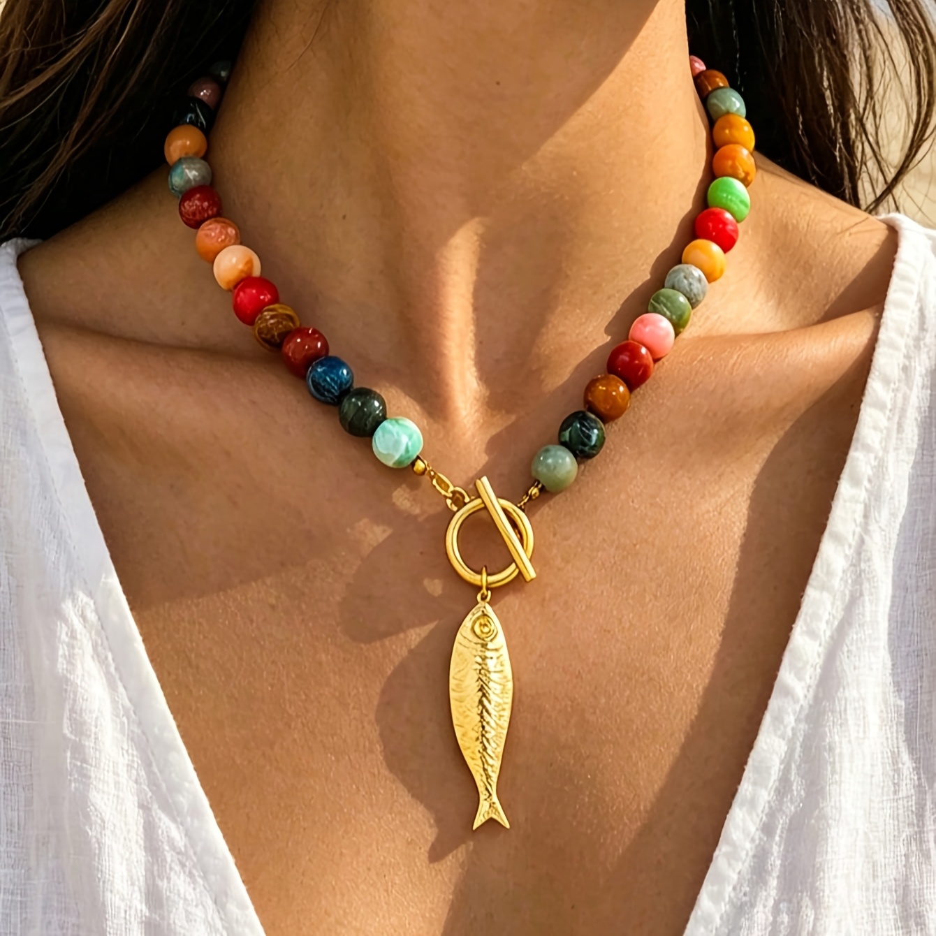 imagen del artículo 1pc Collar de cuentas de colores con forma de pez pequeño, estilo bohemio de vacaciones, colgante de pez con textura dorada, collar de cuentas de colores con hebilla OT, collar de cuentas para fiesta diaria, Abrir en una nueva pestaña.