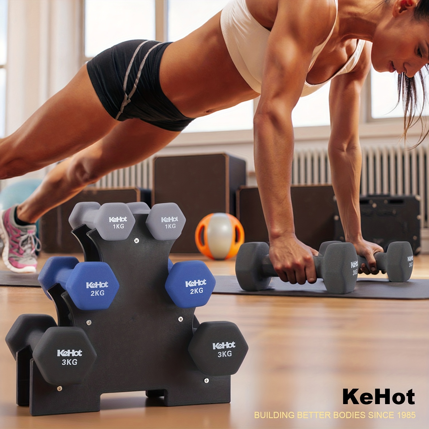 6pcs Neoprene-coated Hex Dumbbell Set 1kg/2kg/3kg (two Each) Total 12kg With Plastic Dumbbell Rack Compact Iron Weights For Home Gym