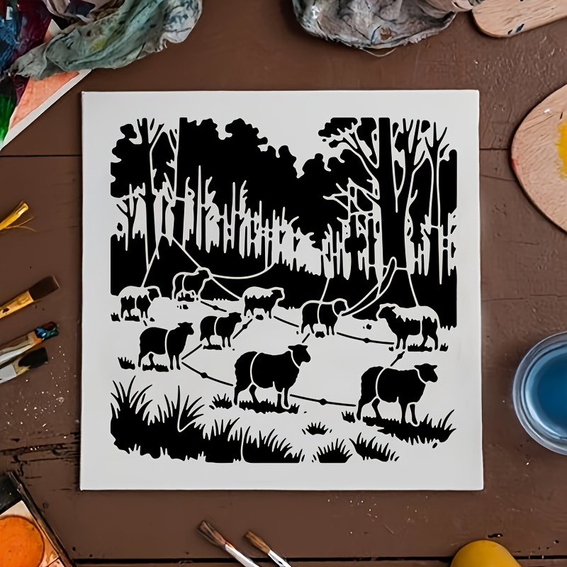 Reusable Washable Stencil Template of Sheep Pasture Scene