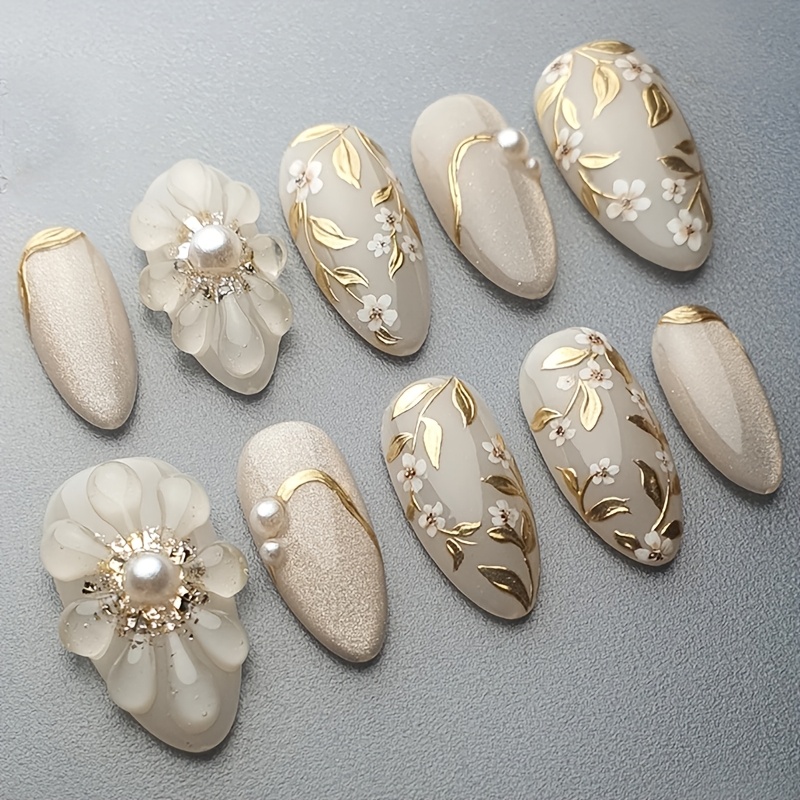 TEMU 3d Flowers Cat Eye's Nail Almond Press On Acrylic Nail Medium Surface Glossy Spring Summer Nail Reusable With Golden Chrome Line Leaf And