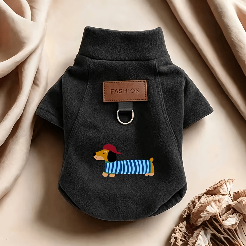 TEMU Vintage Cute Dachshund Cartoon Print D-ring Vest With Blue Striped Hat And Clothes, Autumn/winter Warm Vest For Small To Medium Dogs