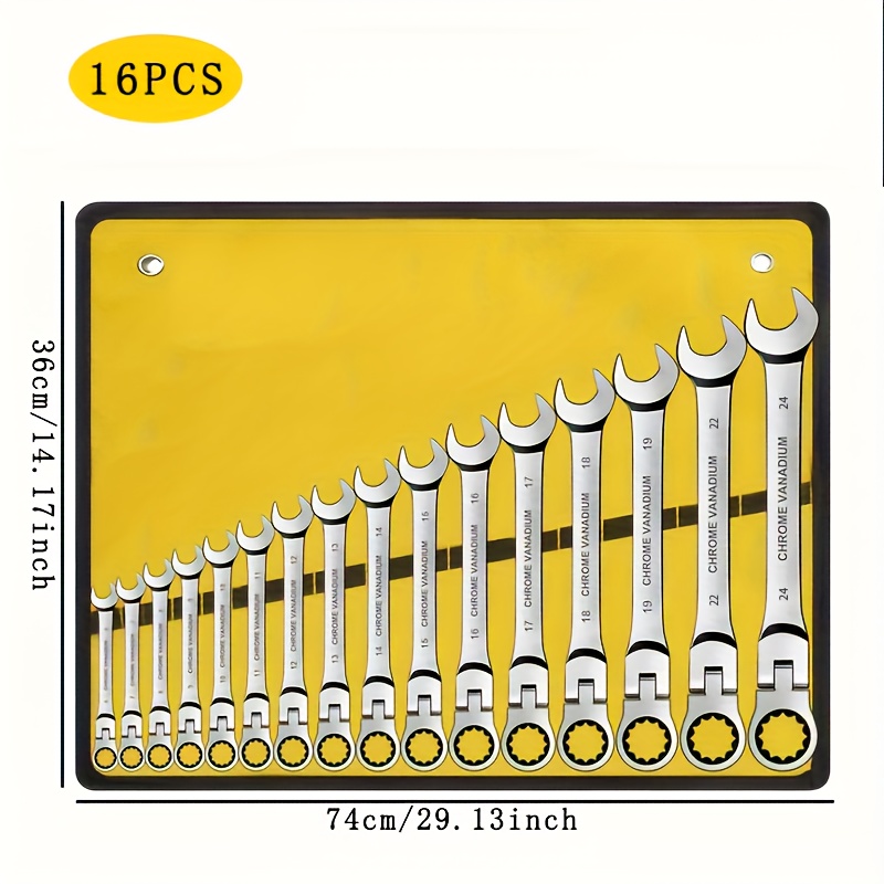 TEMU Sae And Metric Ratchet Set - 16pcs Professional Kit (6-24mm) With 72-tooth Quick Release. Steel And Canvas Bag - Your Versatile Kit For Home,