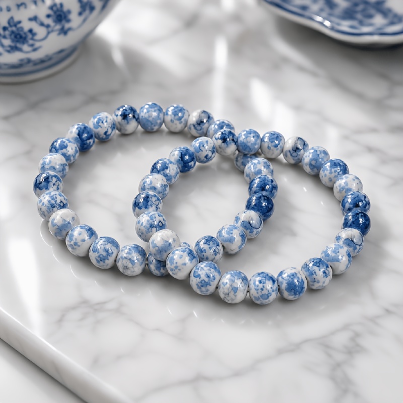 TEMU 1-2pcs Unisex Hand-painted Blue And White Porcelain Elegant Style Stretch Bracelet Cord, Fashionable And Versatile Brightening Temperament