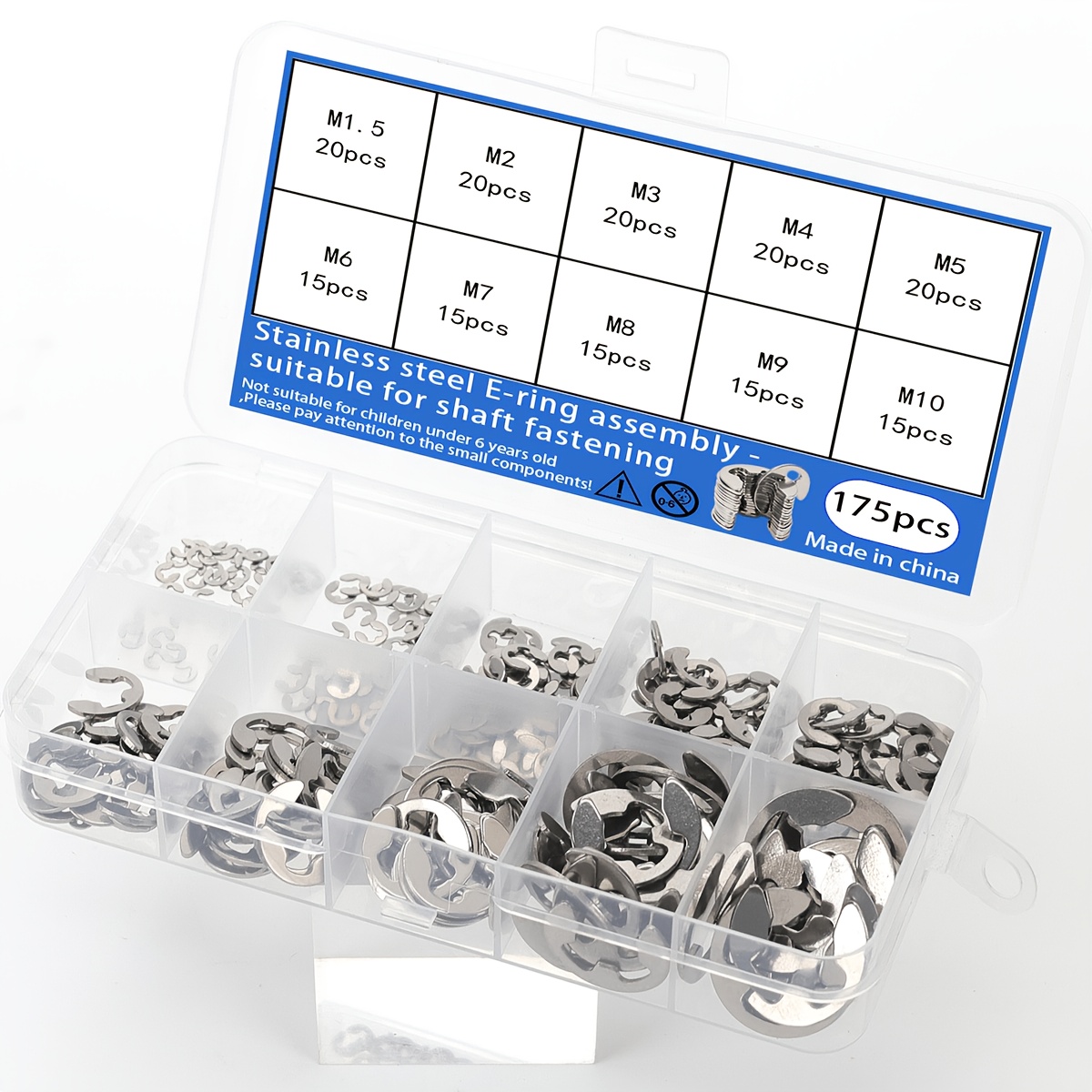 TEMU 175pcs 304 Stainless Steel E-clips Assortment Kit Metric M1.5-m10 Retaining Rings Snap Rings Fasteners Set With Plastic Box For Electronic