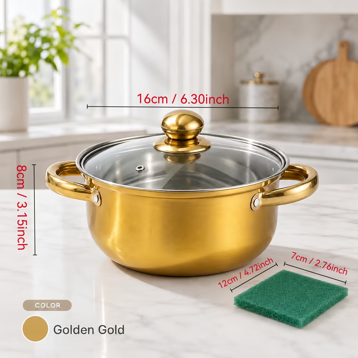 TEMU Nouveau modèle 2026, 1 pièce, de cuisson en acier inoxydable doré , inclut 1 chiffon de nettoyage, avec poignées dorées et couvercle en verre