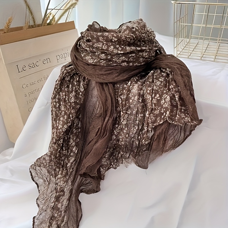 Image of Women's Literary Retro Floral Ruched Scarf, Soft Breathable Fabric, Natural Ruched Design With Print, Presenting A Forest Aesthetic, In Dark Green, Brown And Other Tones