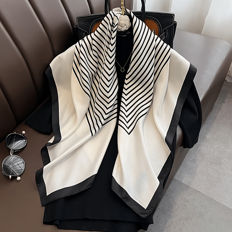 Faux Shawl Scarf, Minimalist Black & White Satin Square