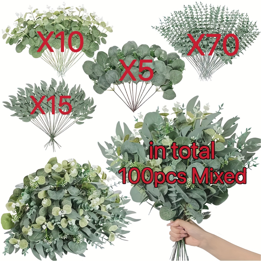 Image of 100pcs Artificial Eucalyptus & Small Flower Bouquets With Foliage - Realistic Diy Wedding, Valentine's, Christmas Centerpieces - Low-maintenance Indoor/outdoor Plastic Flowers For - (no Vase Included)