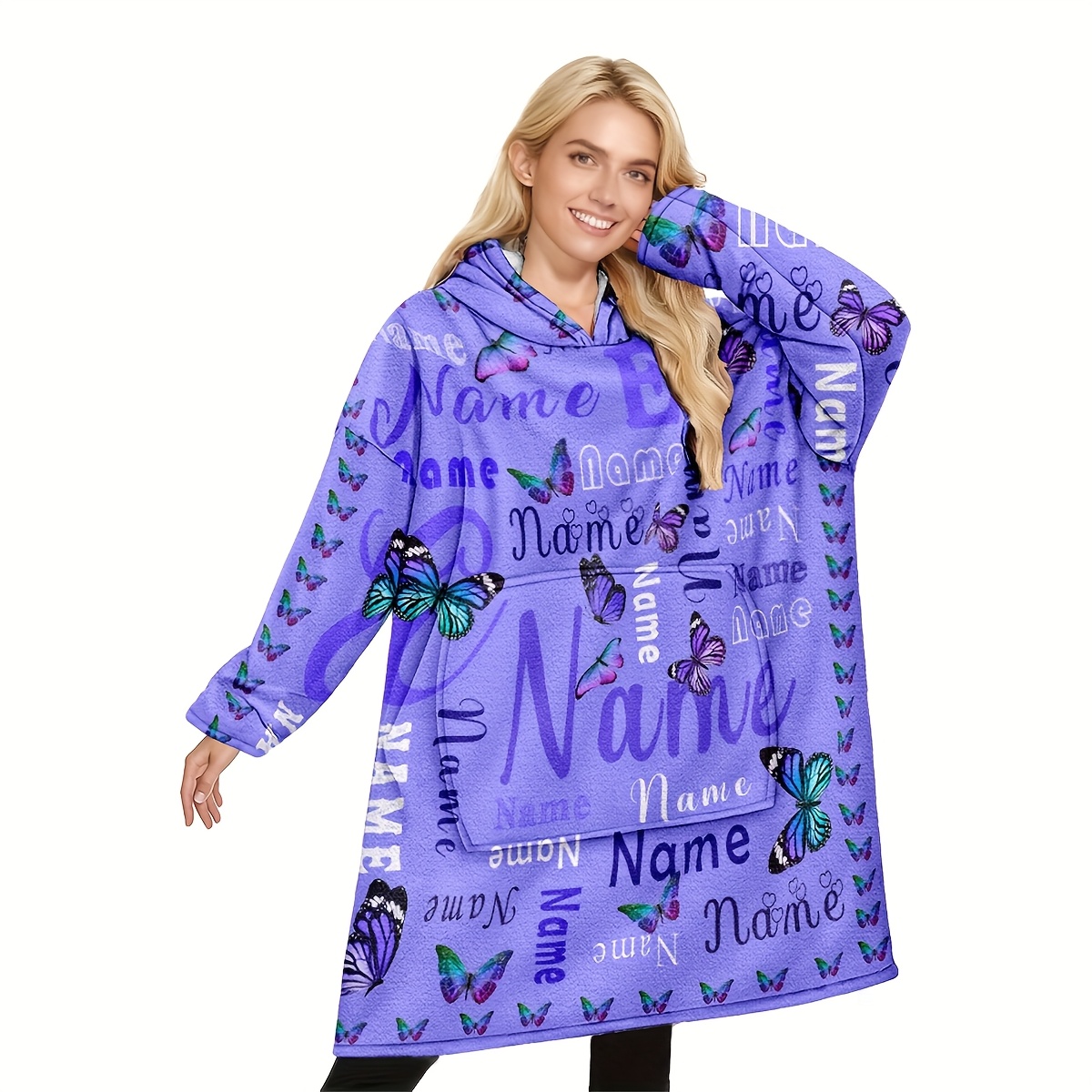 TEMU 1pc Name/text Custom Wearable Hooded Blanket With Name/message - Soft Flannel Purple Gradient Bedspread With Large Pockets For Adults, For