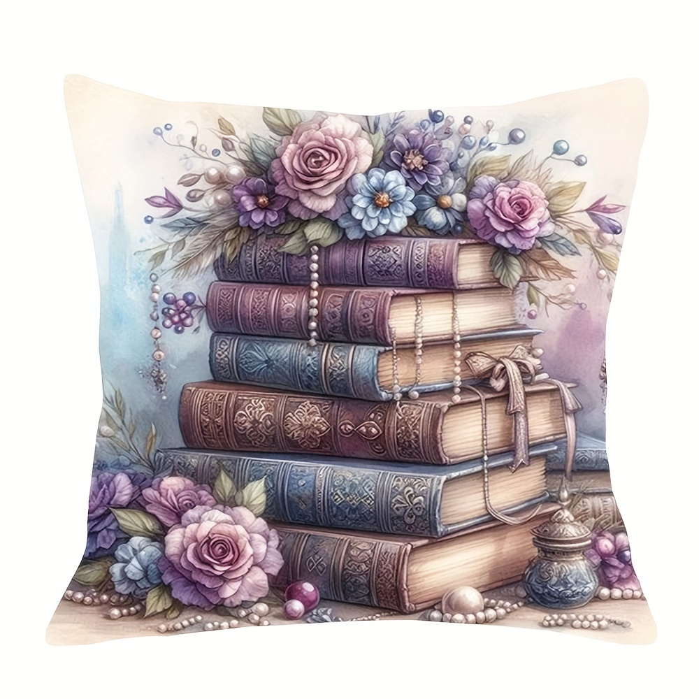 

Contemporary Short Plush Throw Pillow Cover 18x18 Inch, Books And Floral Digital Print, Decorative Zippered Cushion Case For Home And Living Room, Machine Washable, Polyester, Woven