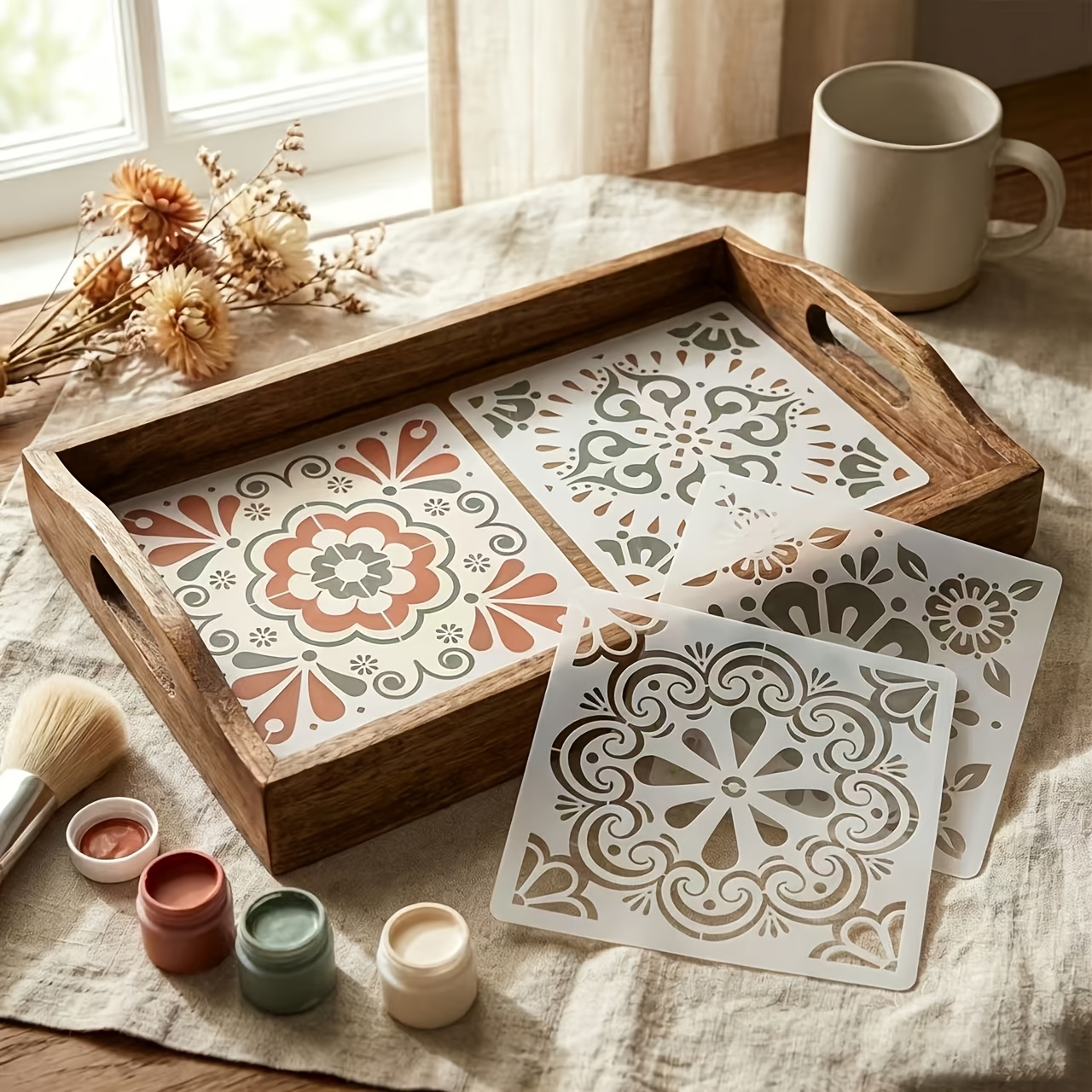 TEMU Set da 4 stencil grandi riutilizzabili a forma di piastrella mediterranea boh矇mien, adatti per pittura fai da te, modelli in plastica PET con