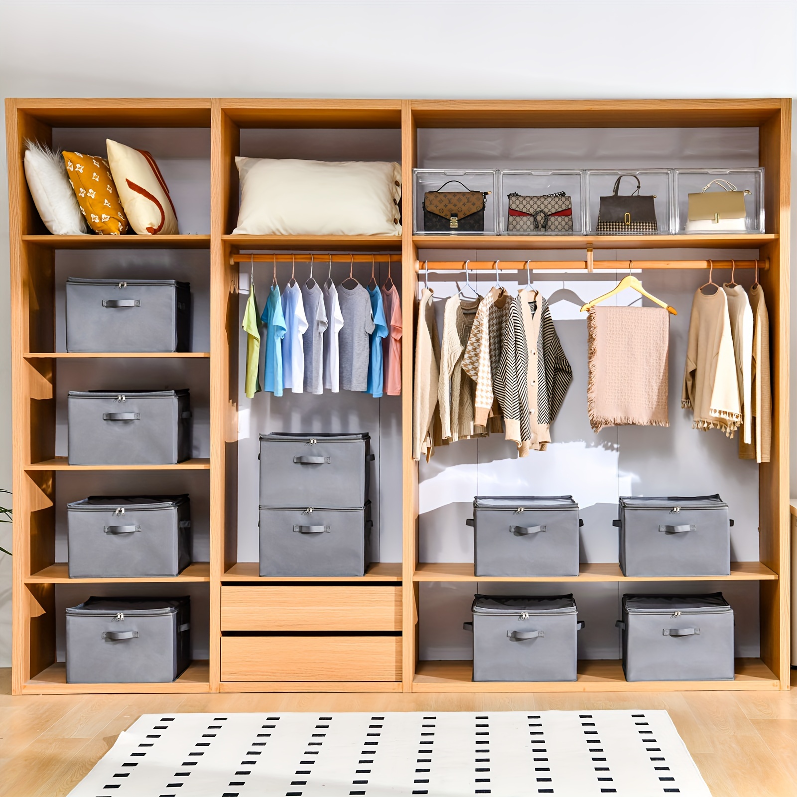 2 pack shoe organizer for closet fits up to 32 pairs adjustable dividers for shoe storage fabric shoe storage bins with clear cover grey details 3