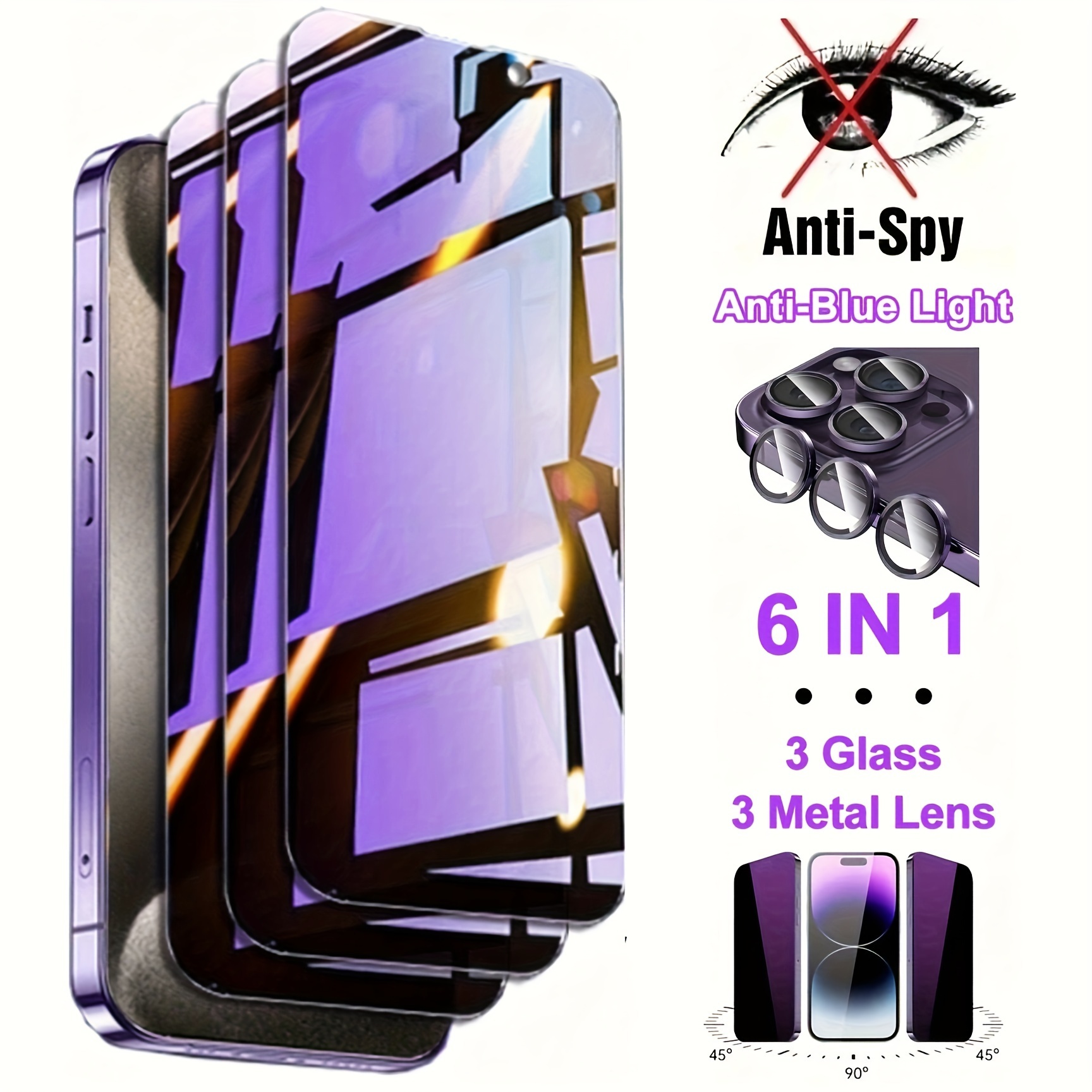 TEMU 6 en 1 [3 pièces Verre Trempé - et Confidentialité + 3 pièces Lentille Métallique Violette] pour iPhone 18 Pro Max/18 Pro/17 Pro