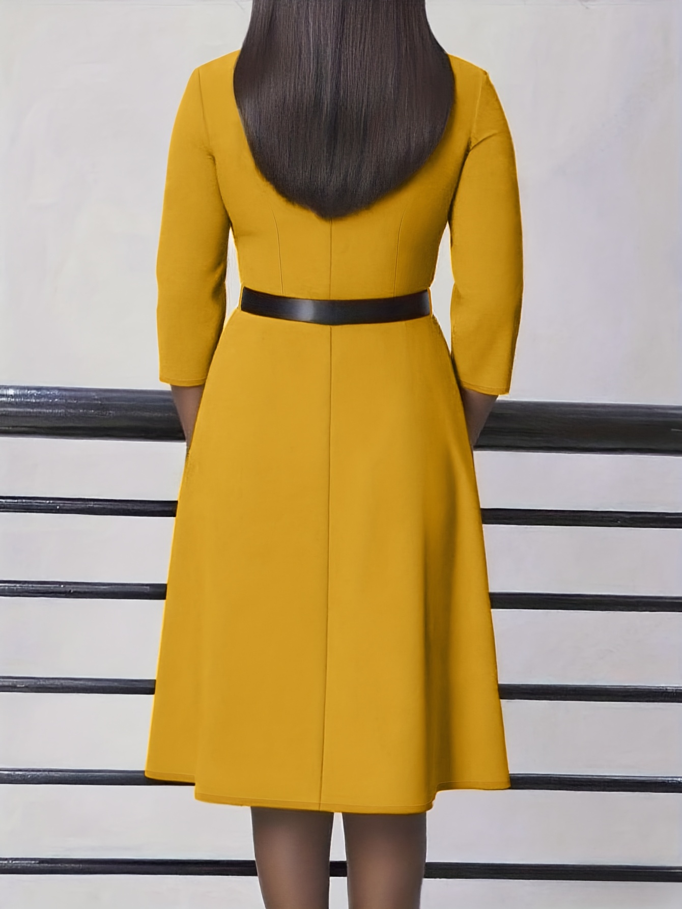 yellow dress with brown belt womens elegant a line length puffed sleeve waist Size:14 - Bust 39