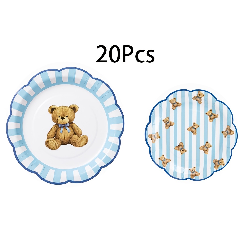 TEMU 20pcs, Blue White Vertical Striped Bear Disposable Scalloped Edge Paper Plates, Bow Bear Print 9-inch And 7-inch Dessert Plates For Baby Shower