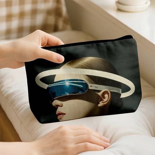 1pc Premium Futuristic Tech Style, Women'S Large Capacity Makeup Bag for VR Goggle Wearers, 2D Flat Double-Sided Printed Design with Zipper, Lightweight And Portable, Soft Texture, Upgraded Large Capacity, Suitable for Travel, Business Trips