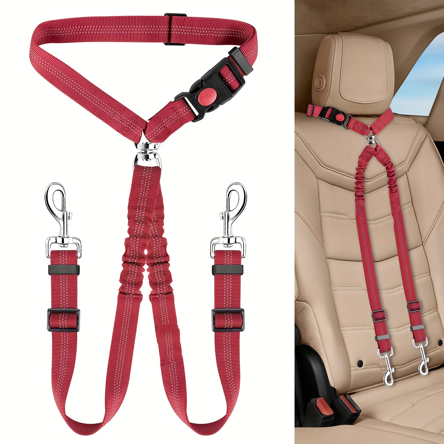 

Double Dog Seat Belt, 2 In 1 Dual Car Headrest Restraint Seatbelt, Dog Leash Elastic Bungee Connect Harness