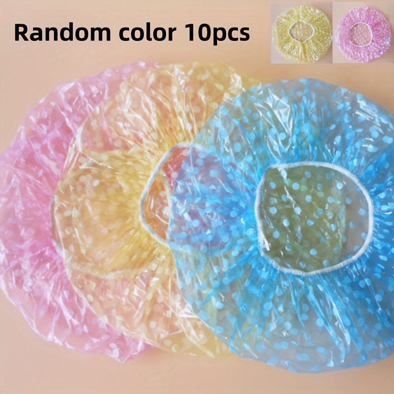 5/10pcs Random Color Shower Cap, Polka Dot Pattern Shower Cap, Plastic Reusable Shower Cap, Elasticated Shower Cap, For Women Spa Salon, Bathroom Cleaning Products, Random Color